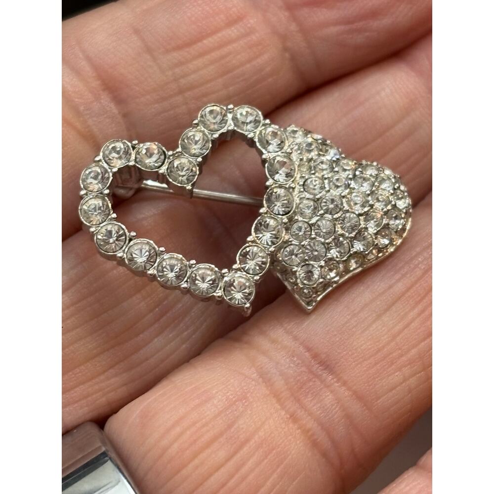 Swarovski Double Heart Crystal Brooch Silver Tone with Swan Mark